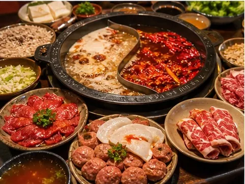 Sichuan hotpot with meat, vegetables, and a divided broth