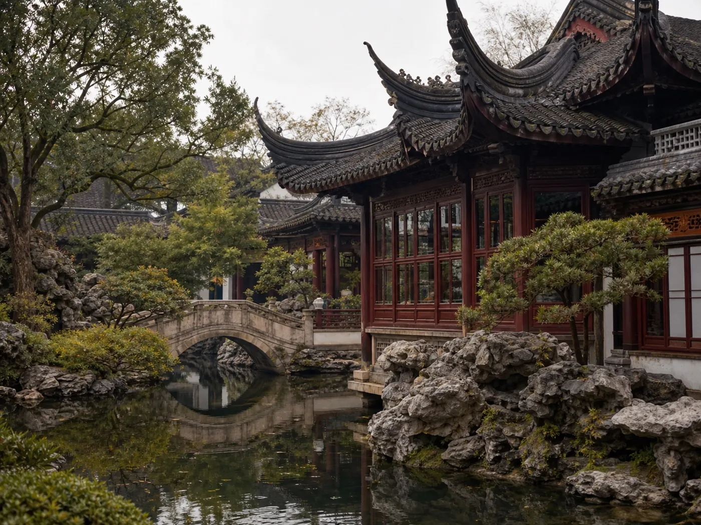 Traditional pavilions and pond inside Yu Garden