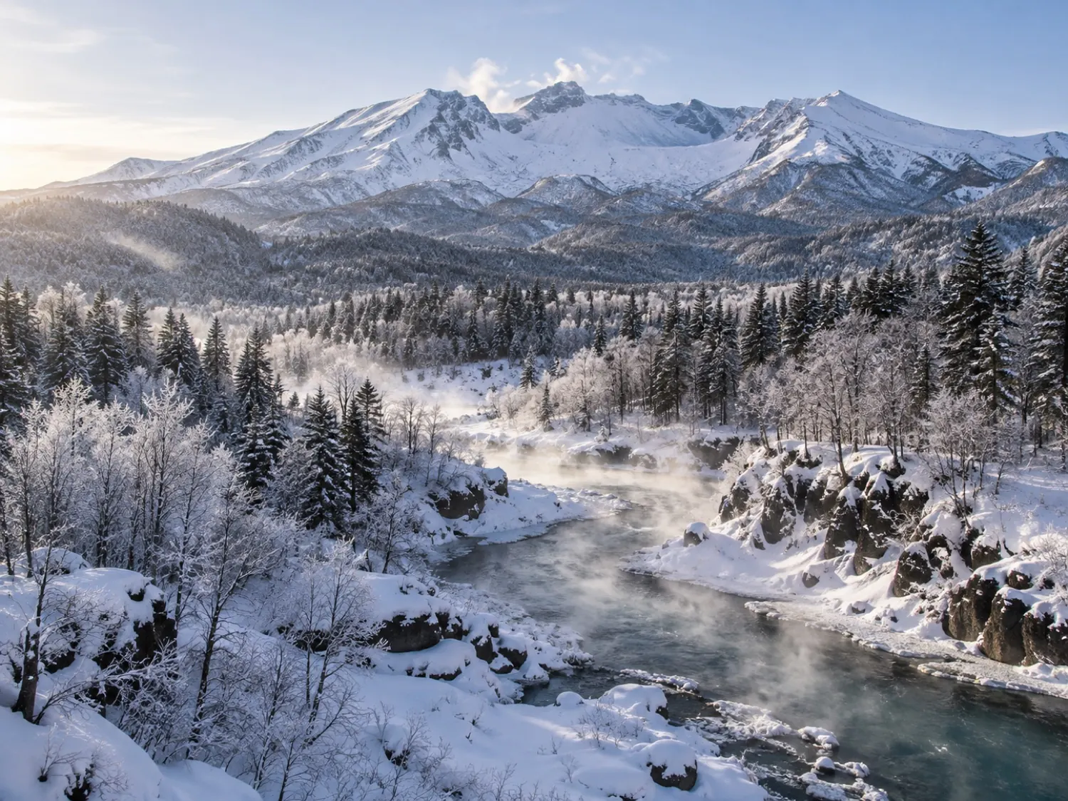 Snow-covered Changbai Mountain and a steaming river