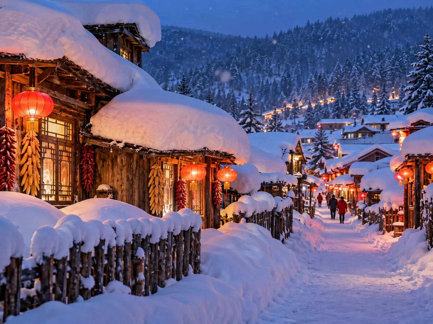 Snow-covered homes and red lanterns in China Snow Town