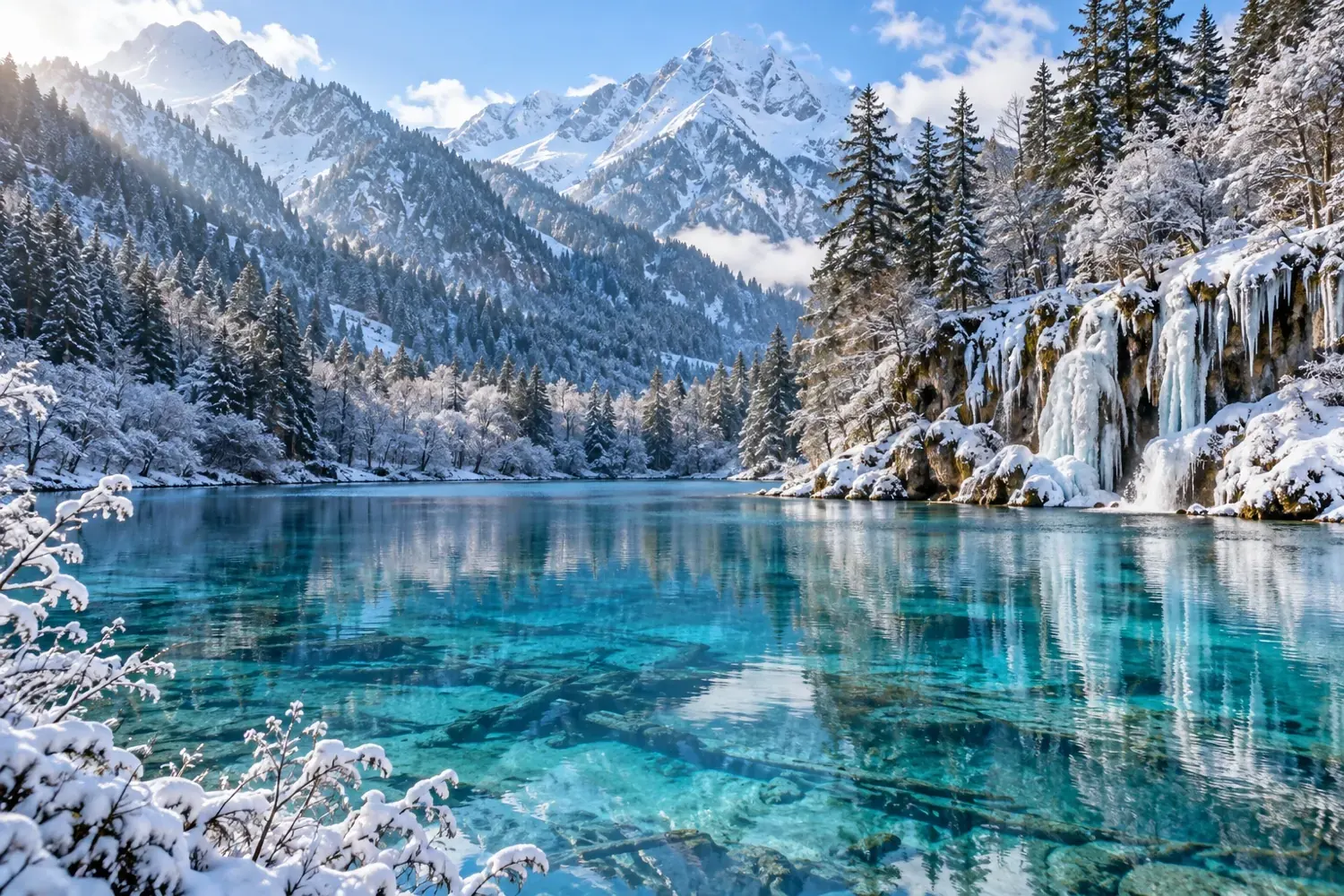 An ice-blue lake, snowy forest and mountain peaks in winter Jiuzhaigou