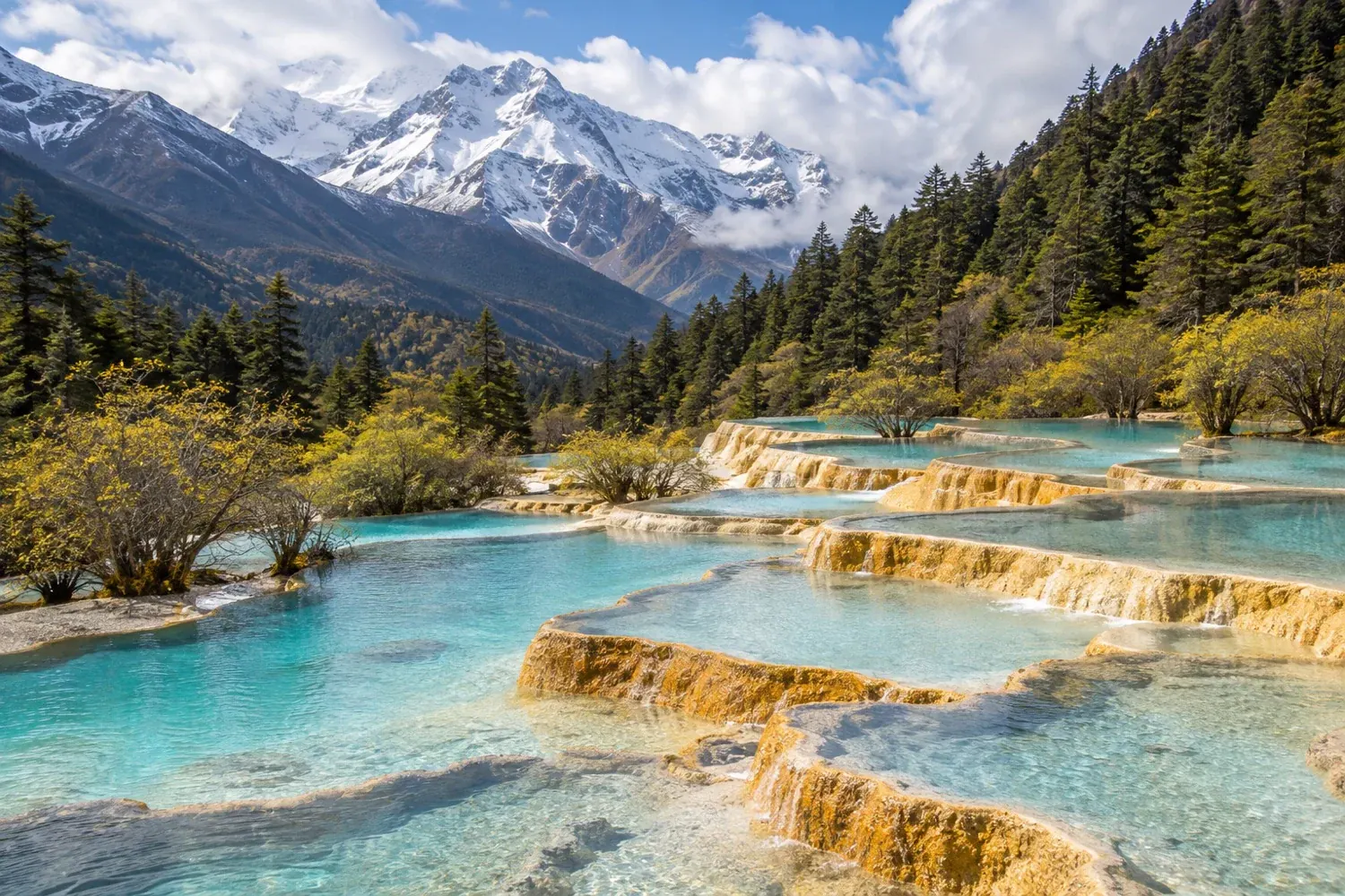 Turquoise mineral terraces among Huanglong's mountain forest