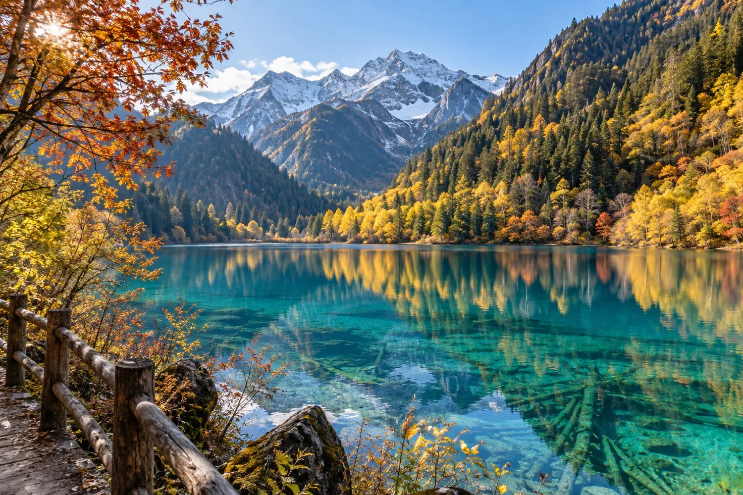 Turquoise lake and autumn forest in Jiuzhaigou