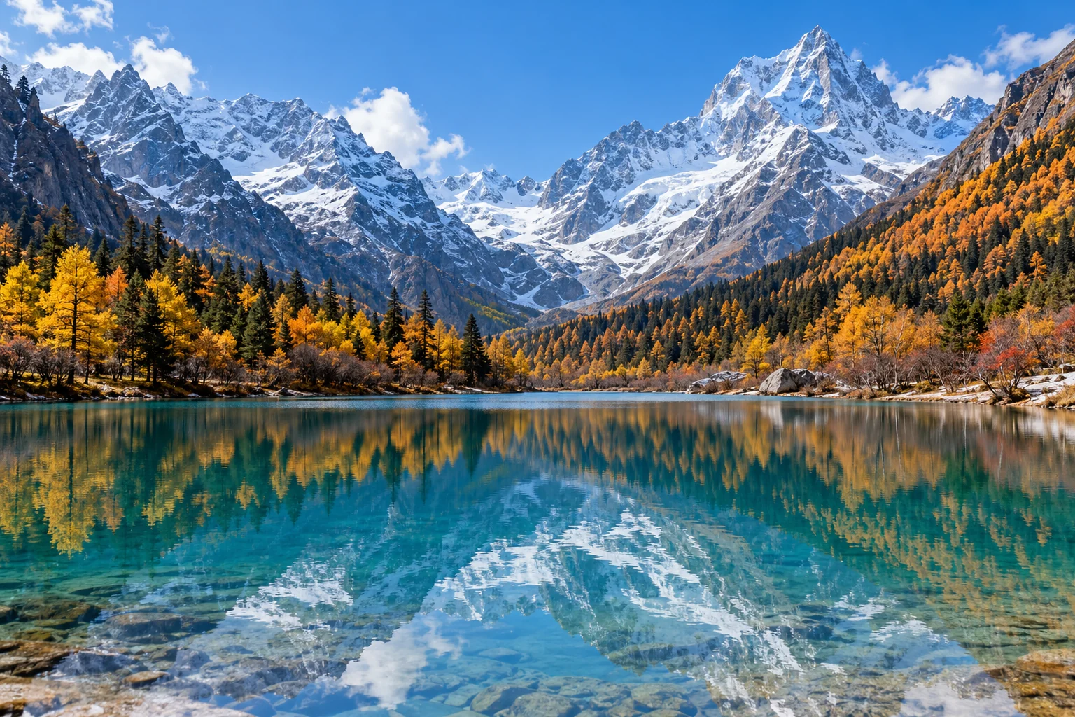 Alpine lake, forest and snow peaks in Bipenggou