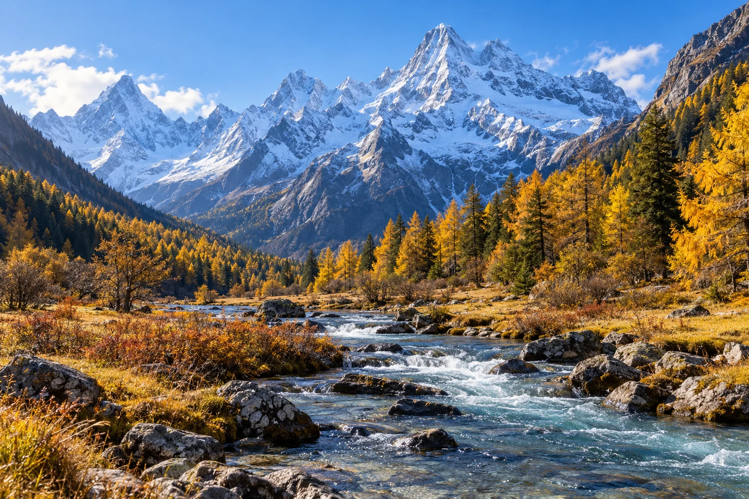 Snow peaks and alpine forest in Mount Siguniang's Shuangqiao Valley